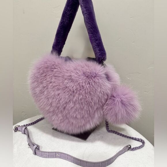 One of a kind! Premium Real Fox Fur Heart Shaped Bag & 2 Straps & Fur Ball Charm - Picture 5 of 17